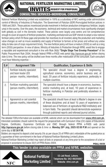 National Fertilizer Marketing Limited Lahore Tender Notice